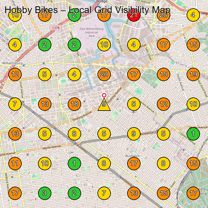 Hobby Bikes Bicycle Store GeoGrid ranking map for Brooklyn NY